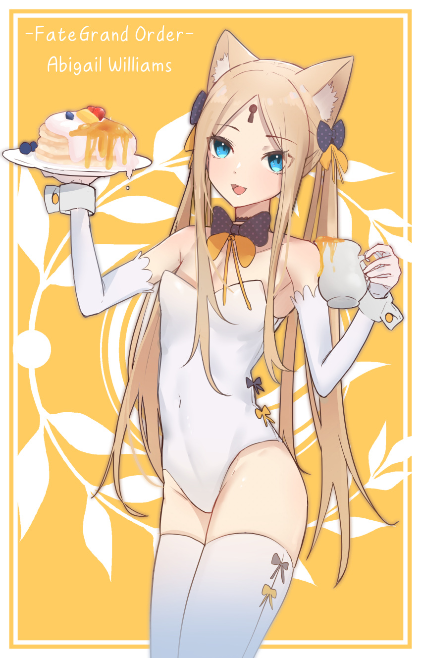 1girl abigail_williams_(fate/grand_order) absurdres animal_ears bangs black_bow blonde_hair blue_eyes blush bow breasts cat_ears covered_navel detached_sleeves fate/grand_order fate_(series) food forehead hair_bow highleg highleg_leotard highres humyn keyhole leotard long_hair looking_at_viewer multiple_bows open_mouth orange_bow pancake parted_bangs plate sidelocks small_breasts smile thigh-highs twintails white_leotard yellow_background