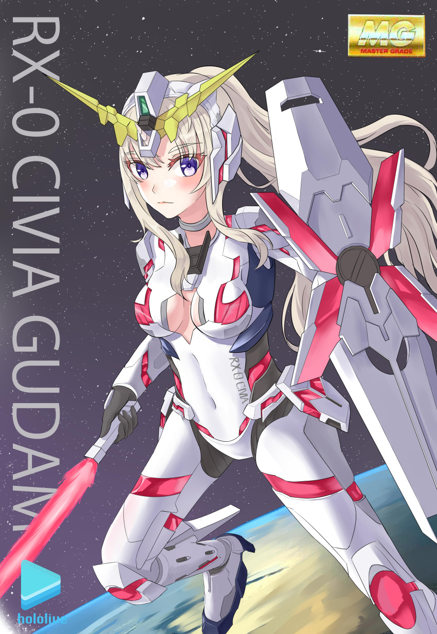 1girl absurdres beam_saber character_name chinese_commentary civia copyright_name cosplay fake_box_art flying gundam gundam_unicorn heluo_official highres holding holding_sword holding_weapon hololive hololive_china logo looking_at_viewer mecha_musume nt-d solo space sword unicorn_gundam unicorn_gundam_(cosplay) v-fin violet_eyes virtual_youtuber weapon