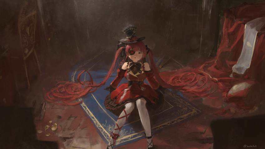 1girl bandages blush breasts eyepatch gothic_lolita hat highres hololive houshou_marine large_breasts lolita_fashion long_hair looking_at_viewer official_alternate_costume pantyhose red_eyes redhead smile solo twintails virtual_youtuber white_legwear zeradok
