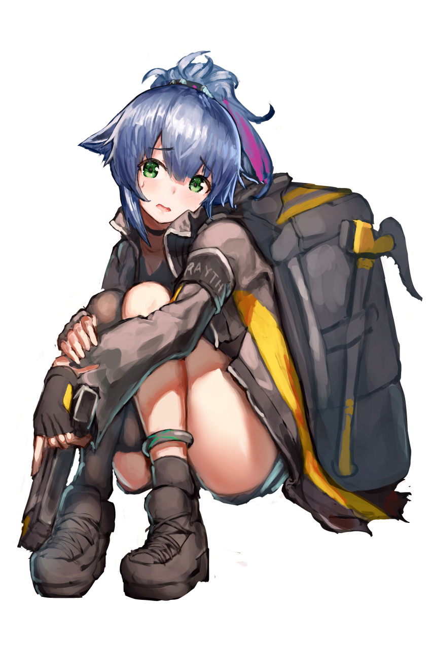 1girl absurdres animal_ears arknights axe backpack bag black_backpack black_jacket black_legwear blue_hair boots burnt_clothes cat_ears eyebrows_visible_through_hair green_eyes gun highres holding holding_gun holding_weapon jacket jessica_(arknights) jessica_(ash)_(arknights) multicolored_hair nervous official_alternate_costume open_clothes open_jacket open_mouth ponytail purple_hair simple_background single_thighhigh sitting solo sweat sweatdrop taku57 thigh-highs thighs weapon white_background