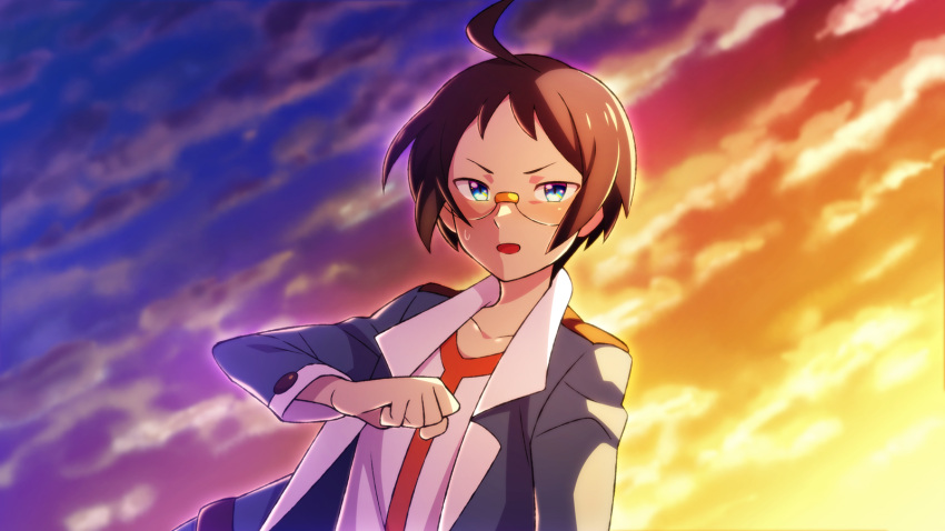1boy ahoge blue_eyes cheren_(pokemon) clouds collarbone commentary_request glasses highres jacket lobolobo2010 long_sleeves male_focus open_mouth outdoors pokemon pokemon_(game) pokemon_bw shirt short_hair sky solo sweat tongue twilight upper_body white_shirt