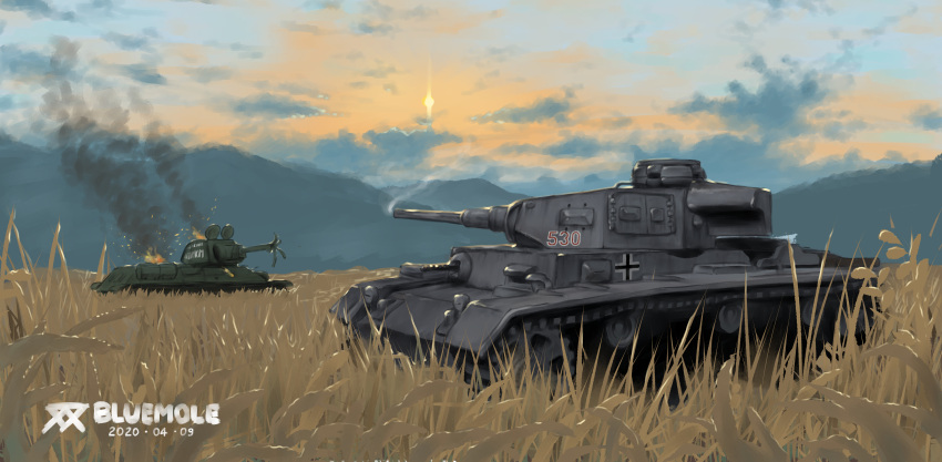 absurdres artist_name bluemole caterpillar_tracks clouds dated emblem english_commentary evening fire grass ground_vehicle highres hill huge_filesize iron_cross military military_vehicle motor_vehicle no_humans original panzerkampfwagen_iii russian_text sky smoke sun sunlight t-34 tank