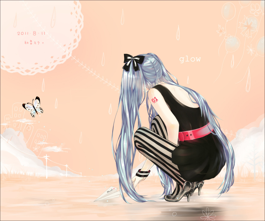 1girl 2011 backbone backless_outfit balloon bare_tree beige_background belt black_border black_dress black_ribbon blue_hair border bracelet bug building butterfly cloud_background clouds commentary_request dated dress facing_away floral_background flower full_body glow_(vocaloid) grass grey_footwear ground hair_over_face hair_ribbon hatsune_miku high_heels highres insect jewelry kitsuko_(2035575) kneeling long_hair number number_tattoo outstretched_hand pantyhose paper_airplane patterned_background power_lines rain ribbon shadow shiny shiny_skin short_dress shoulder_blades shoulder_tattoo simple_background sleeveless sleeveless_dress solo song_name striped striped_legwear tattoo tree twintails two-tone_legwear vertical-striped_legwear vertical_stripes vocaloid water_drop white_butterfly window