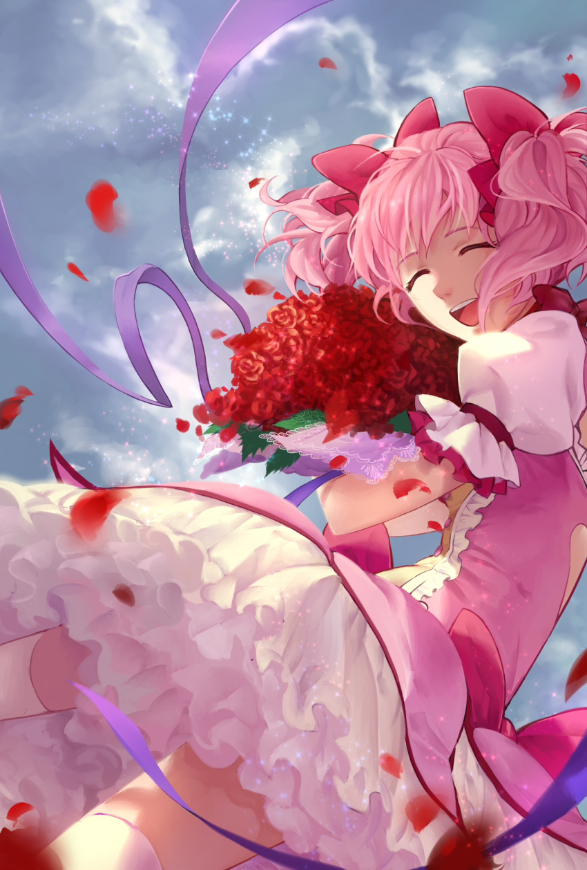 1girl ^_^ bouquet bubble_skirt closed_eyes clouds cloudy_sky cowboy_shot day eyebrows_visible_through_hair facing_viewer floating_hair flower frilled_skirt frilled_sleeves frills hair_ribbon highres holding holding_bouquet kaname_madoka laughing leaf legs_apart lin_nulixiulian mahou_shoujo_madoka_magica open_mouth outdoors petals pink_hair pink_ribbon puffy_short_sleeves puffy_sleeves purple_ribbon red_flower red_rose ribbon rose short_sleeves short_twintails skirt sky solo sparkle sunlight teeth thigh-highs too_many too_many_frills twintails upper_teeth white_legwear white_skirt zettai_ryouiki