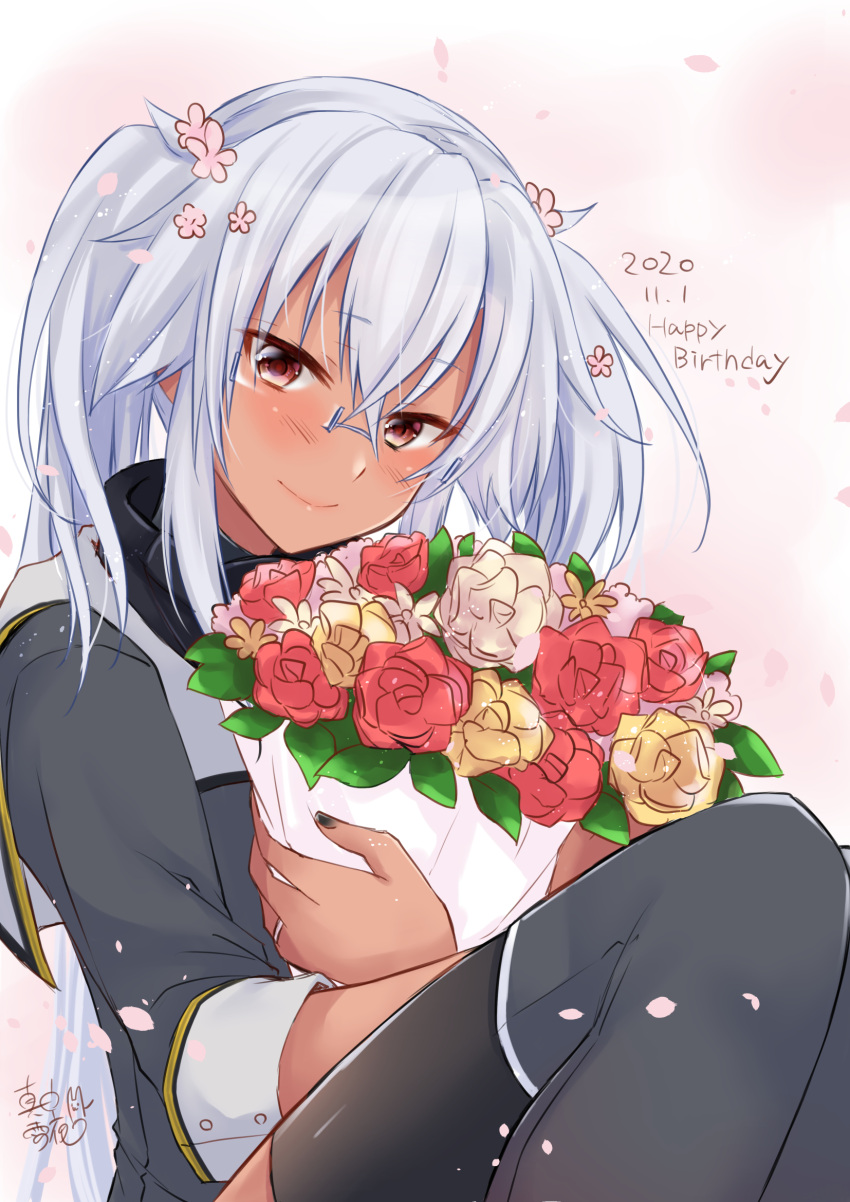 1girl bouquet commentary_request cowboy_shot dated flower glasses hair_between_eyes happy_birthday highres jewelry kantai_collection long_hair looking_at_viewer mashiro_yukiya musashi_(kantai_collection) nail_polish red_eyes remodel_(kantai_collection) ring silver_hair sitting solo twintails wedding_band
