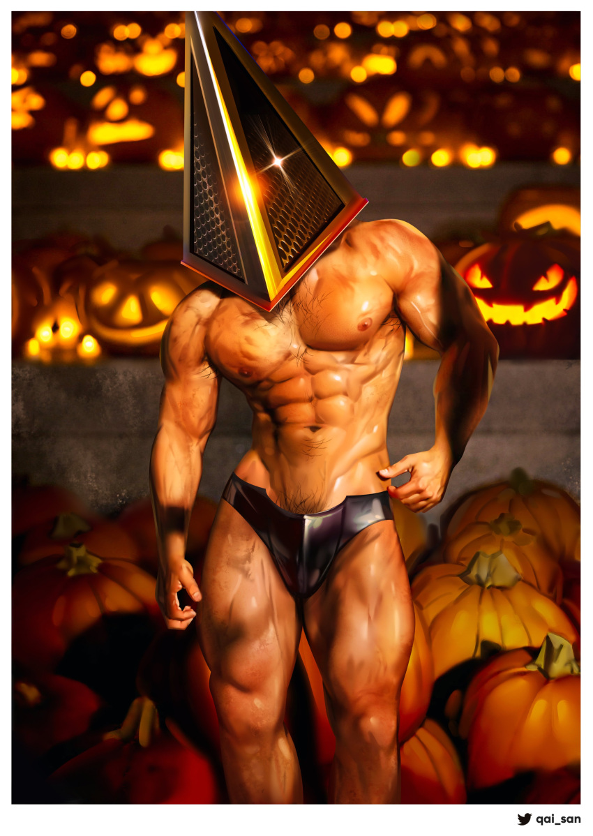 1boy abs absurdres bara briefs bulge chest feet_out_of_frame halloween halloween_costume helmet highres jack-o'-lantern konami male_focus male_pubic_hair muscle navel navel_hair nipples pubic_hair pumpkin pyramid_head qaisan realistic silent_hill silent_hill_2 solo sparkle standing thick_thighs thighs twitter_logo twitter_username underwear underwear_only