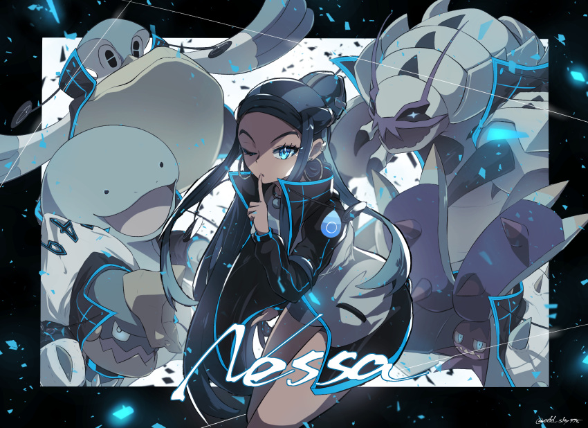 1girl alternate_costume artist_name blue_eyes character_name coat commentary_request dark_skin drednaw eyelashes floating_hair gen_2_pokemon gen_3_pokemon gen_7_pokemon gen_8_pokemon golisopod hair_bun hand_up highres index_finger_raised jewelry long_hair long_sleeves looking_at_viewer necklace nessa_(pokemon) odd_(hin_yari) one_eye_closed pelipper pokemon pokemon_(creature) pokemon_(game) pokemon_swsh popped_collar quagsire sidelocks toxapex watermark