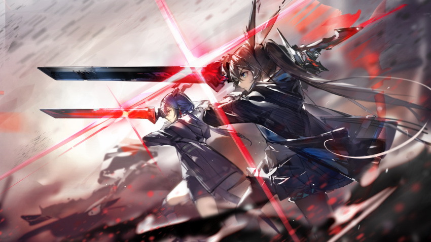 2girls amiya_(arknights) animal_ears arknights black_jacket blue_eyes blue_hair blurry brown_hair ch'en_(arknights) chi_xiao_(arknights) depth_of_field diffraction_spikes dragon_horns holding holding_sword holding_weapon horns jacket long_hair miniskirt multiple_girls official_art originium_arts_(arknights) pantyhose pointing_weapon ponytail profile rabbit_ears short_shorts shorts skirt spoilers sword weapon