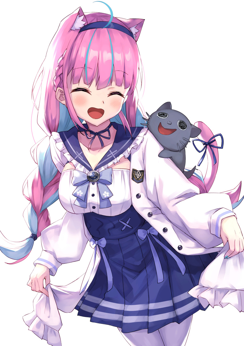 1girl absurdres animal_ears blue_bow blue_hair blue_nails blue_ribbon blue_sailor_collar blue_skirt bow braid breasts cardigan cat_ears cat_girl cat_tail closed_eyes frilled_sailor_collar highres hololive kemonomimi_mode long_hair long_sleeves masaki_(msk064) medium_breasts minato_aqua multicolored_hair nail_polish neko_(minato_aqua) open_cardigan open_clothes open_mouth outdoors pantyhose pleated_skirt puffy_long_sleeves puffy_sleeves purple_hair ribbon sailor_collar shirt simple_background skirt sleeves_past_wrists smile solo tail tail_raised tail_ribbon twin_braids twintails two-tone_hair very_long_hair violet_eyes virtual_youtuber white_background white_cardigan white_legwear white_shirt