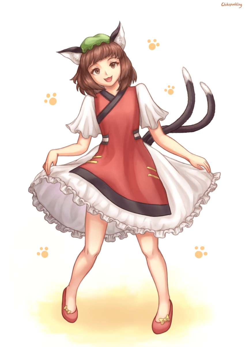 1girl :3 absurdres animal_ear_fluff animal_ears artist_name bangs brown_eyes brown_hair cat_ears cat_tail chen chikopudding colored_shadow commentary_request dress frilled_skirt frills full_body green_headwear hansoku_tantei_satori hat highres leaning_to_the_side lifted_by_self mob_cap multiple_tails open_mouth paw_background red_footwear shadow short_hair short_sleeves simple_background skirt skirt_lift slit_pupils solo standing tabard tail touhou white_background white_dress