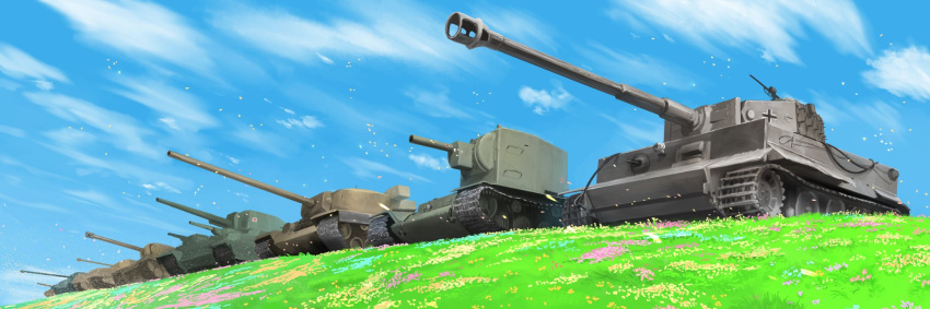 artist_name caterpillar_tracks clouds commentary_request dated day elefant emblem flower grass ground_vehicle highres iron_cross is-3 kv-2 military military_vehicle motor_vehicle narotake no_humans o-i_superheavy_tank_series original sky tank tiger_i world_of_tanks