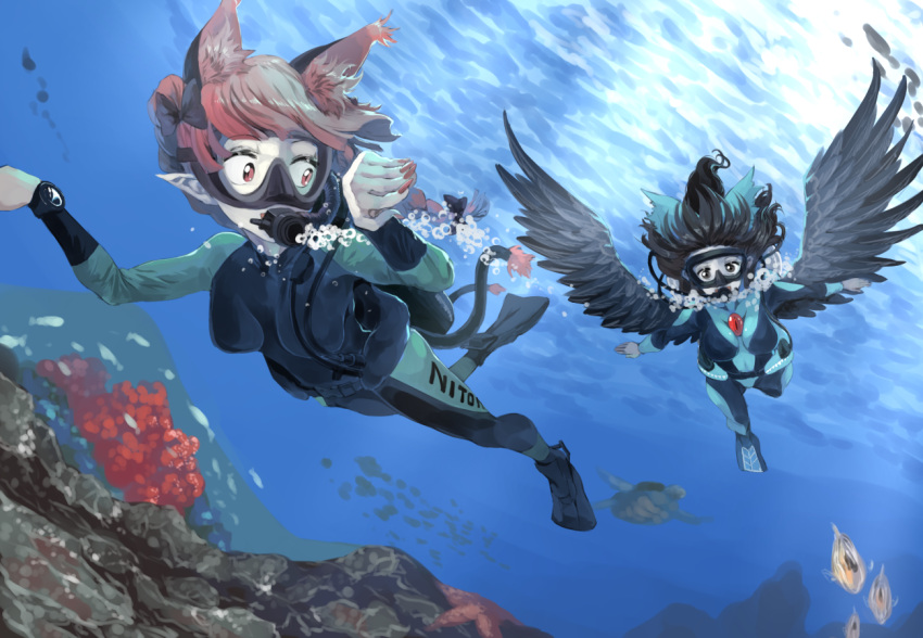 2girls air_bubble animal_ears bird_wings black_eyes black_hair black_wings bow braid bubble cat_ears cat_tail commentary_request coral day diving diving_mask diving_regulator diving_suit extra_ears fish flippers full_body hair_bow kaenbyou_rin long_hair looking_at_another multiple_girls multiple_tails nekomata outdoors pointy_ears red_eyes redhead reiuji_utsuho scuba scuba_gear scuba_tank spread_wings submerged sunyup swimming tail touhou turtle twin_braids two_tails underwater wetsuit wings