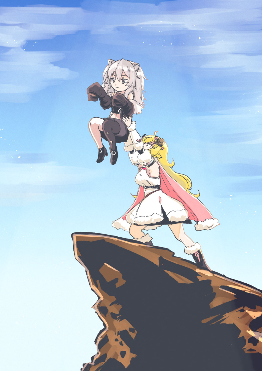 2girls animal_ears blonde_hair blue_sky cape cliff clouds day ear_clip highres holding_another holding_up hololive horns lifting_another lion_ears lion_girl long_hair multiple_girls outdoors parody sheep_girl sheep_horns shibe shishiro_botan silver_hair sky sleeves_past_wrists sunlight the_lion_king trait_connection tsunomaki_watame very_long_hair virtual_youtuber younger