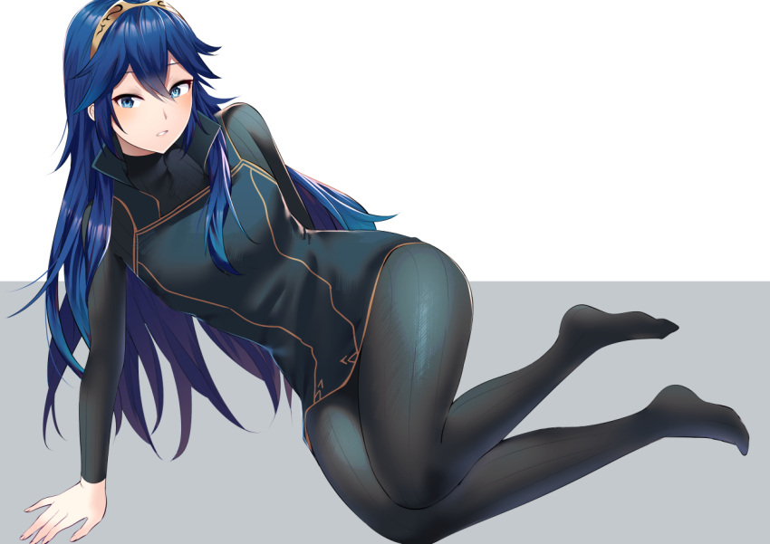 1girl ameno_(a_meno0) arm_support bangs black_legwear blue_eyes blue_hair blush bodysuit_under_clothes breasts fire_emblem fire_emblem_awakening full_body gold_trim grey_background hair_between_eyes knees_together_feet_apart legs long_hair long_sleeves looking_at_viewer lucina lucina_(fire_emblem) no_shoes pantyhose shiny shiny_clothes shirt sidelocks sleeveless sleeveless_shirt small_breasts solo thighs tiara two-tone_background white_background