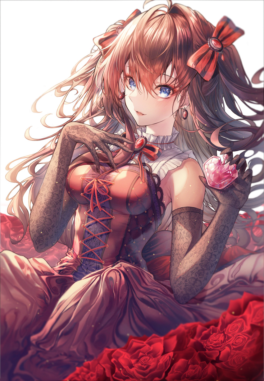 1girl ahoge apraxia bangs black_gloves blue_eyes bow breasts brown_hair dress earrings elbow_gloves floating_hair flower gloves hair_between_eyes hair_bow hair_intakes highres holding ichinose_shiki idolmaster idolmaster_cinderella_girls idolmaster_cinderella_girls_starlight_stage jewelry lace lace_gloves lolita_fashion long_hair medium_breasts open_mouth red_bow red_dress red_flower red_ribbon ribbon shiny shiny_hair sitting smile solo striped striped_bow very_long_hair white_background