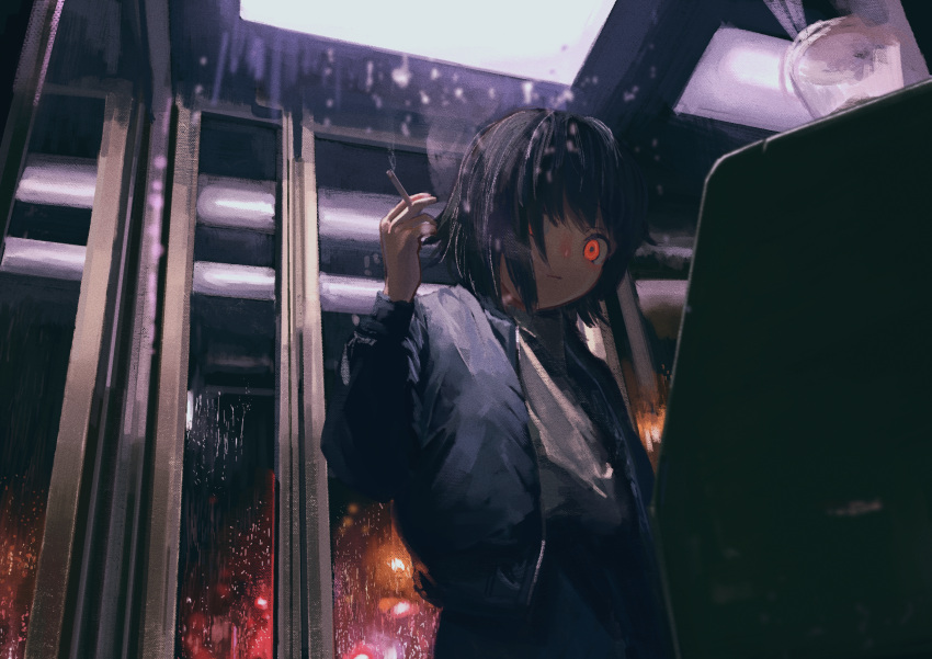 1girl bangs black_hair cigarette closed_mouth commentary daruma_karei from_below hair_over_one_eye highres jacket looking_at_viewer night original payphone phone phone_booth scenery shirt short_hair smoking solo standing wet white_shirt