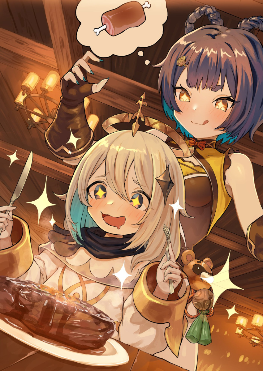 +_+ 2girls :3 :q aqua_nails bangs bare_shoulders black_hair blonde_hair blue_hair blush boned_meat breasts cape colored_inner_hair commentary_request eyebrows_visible_through_hair fingerless_gloves fingernails food fork genshin_impact gloves hair_ornament hairclip halo heart highres holding holding_fork holding_knife jewelry knife licking_lips meat moutama mouth_drool multicolored_hair multiple_girls nail_polish open_mouth paimon_(genshin_impact) plate short_hair sleeveless smile sparkle sparkle_background symbol-shaped_pupils tongue tongue_out xiangling_(genshin_impact) yellow_eyes