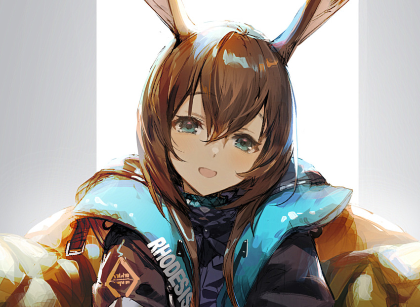 1girl amiya_(arknights) animal_ears anklet arknights armchair bangs black_jacket blue_eyes blue_neckwear blue_skirt blush brown_hair brown_legwear chair clothes_writing glowing grey_background hair_between_eyes hands_on_own_knees head_tilt jacket jewelry kawaguchi_(mojacome) long_hair looking_at_viewer open_mouth pouch rabbit_ears shoe_dangle shoes simple_background sitting skirt sleeves_past_wrists smile solo