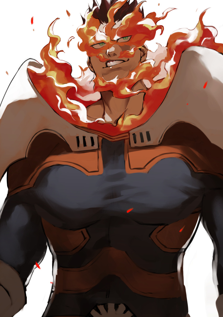 1boy absurdres armor beard blue_bodysuit blue_eyes bodysuit boku_no_hero_academia chest facial_hair fire grin highres male_focus muscle pauldrons redhead samuraisamurai scar scar_across_eye shoulder_armor skin_tight smile spiky_hair taut_clothes todoroki_enji upper_body