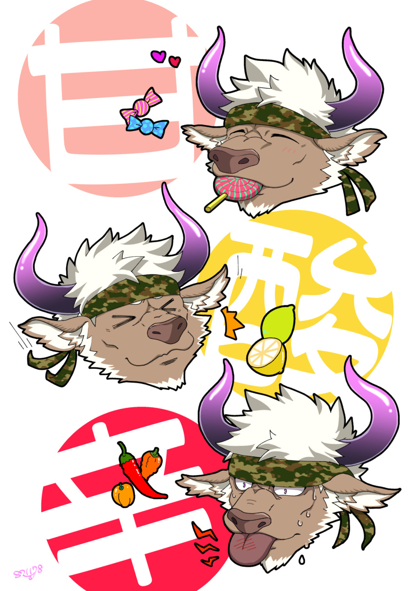 &gt;_&lt; 1boy animal_ears camouflage candy chibi chili_pepper closed_eyes cow_boy cow_ears cow_horns expressions food fruit furry headband highres horns lemon male_focus purple_horns shennong_(tokyo_afterschool_summoners) short_hair sideburns tasting tokyo_houkago_summoners translation_request violet_eyes white_hair yanai_inaya