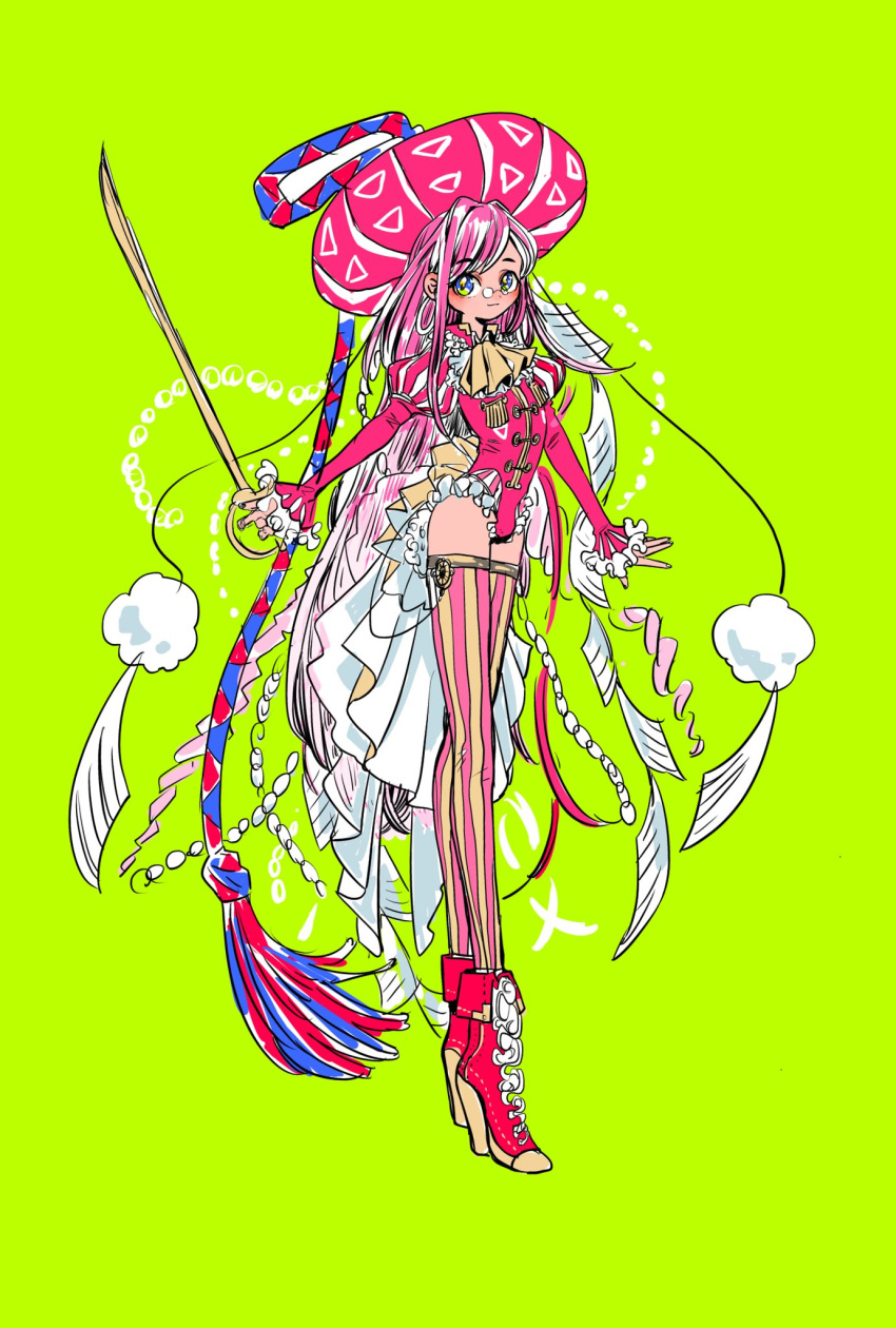 1boy blue_eyes bulge closed_mouth frilled_leotard frills full_body green_background green_eyes hat high_heels highres holding holding_sword holding_weapon juliet_sleeves leotard long_hair long_sleeves looking_at_viewer male_focus original otoko_no_ko pink_hair pink_leotard puffy_sleeves red_footwear shima_(wansyon144) simple_background smile solo striped striped_legwear sword thigh-highs very_long_hair weapon