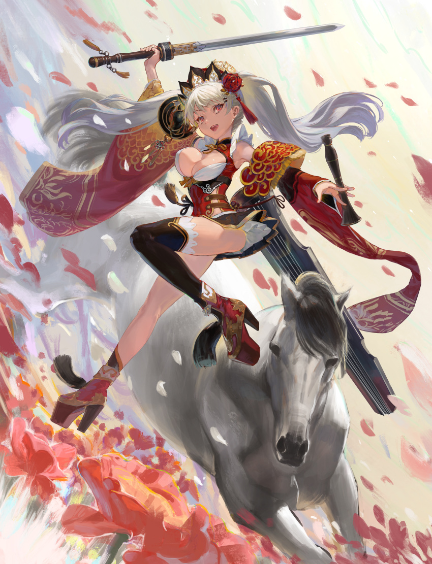 absurdres blush breasts grey_hair hair_ornament hairclip highres horse huge_filesize large_breasts long_hair lynchis open_mouth original red_eyes shoes skirt sword twintails weapon