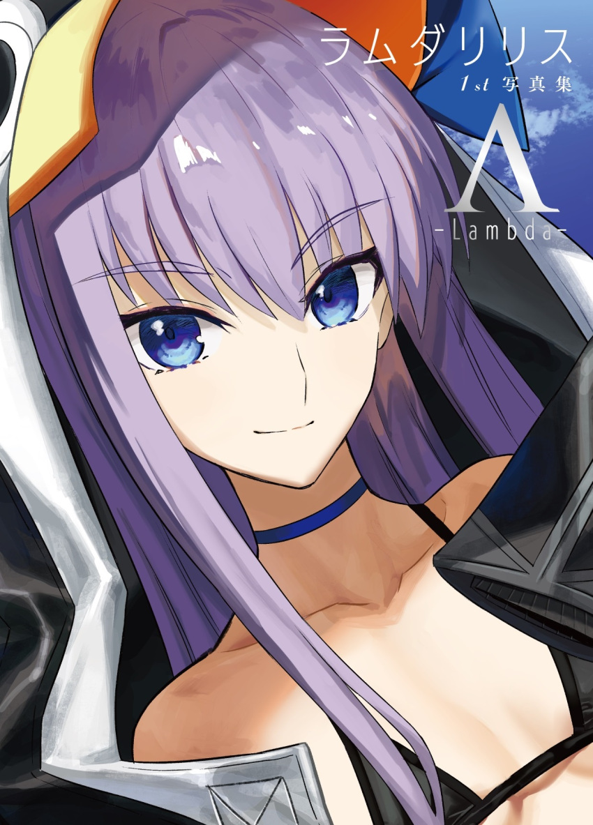 1girl animal_costume artist_request bikini black_bikini blue_choker blue_eyes blue_sky breasts check_artist choker closed_mouth cover cover_page doujin_cover eyebrows_visible_through_hair fate/grand_order fate_(series) highres hood hood_up kuroi_susumu long_hair looking_at_viewer meltryllis meltryllis_(swimsuit_lancer)_(fate) penguin_costume purple_hair sky small_breasts smile solo swimsuit
