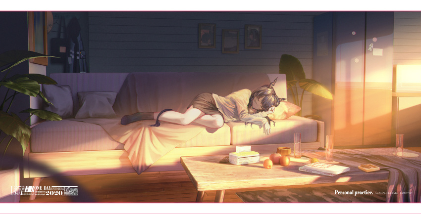 1girl absurdres apple arknights book bottle7 ch'en_(arknights) controller couch cup dragon_horns dragon_tail drinking_glass food fruit highres horns living_room on_couch picture_frame plant potted_plant remote_control sleeping table tail tissue_box twilight