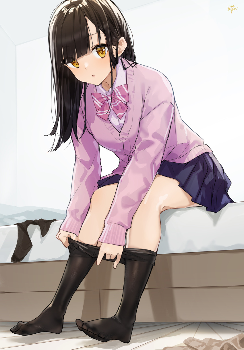 1girl :o absurdres bangs black_hair black_legwear blue_skirt blush bow brown_eyes cardigan collared_shirt commentary_request diagonal_stripes dress_shirt eyebrows_visible_through_hair full_body highres leaning_forward long_hair looking_at_viewer no_shoes on_bed original pantyhose pantyhose_pull parted_lips pillow pink_bow pink_cardigan pleated_skirt pulled_by_self school_uniform shirt signature sitting sitting_on_bed skirt solo striped striped_bow takenoko_no_you white_shirt wooden_floor
