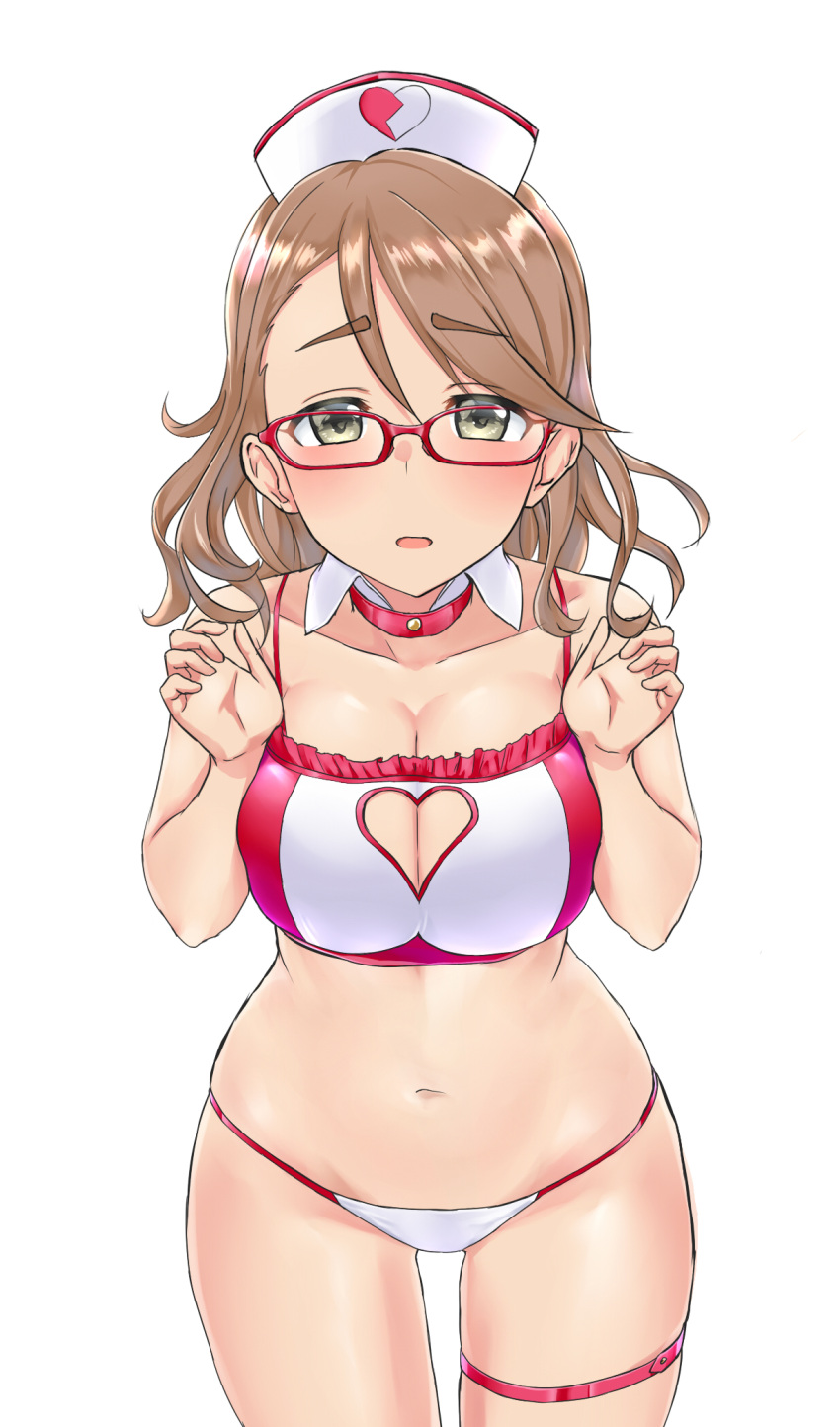 1girl aimobake bangs bespectacled blush bra breast_squeeze breasts brown_hair clothing_cutout collar cowboy_shot detached_collar eyebrows_visible_through_hair frilled_bra frills glasses green_eyes half-closed_eyes hat heart heart_cutout heart_print highres idolmaster idolmaster_cinderella_girls large_breasts looking_at_viewer medium_hair navel nurse_cap open_mouth panties red-framed_eyewear simple_background solo standing string_panties swept_bangs thigh_strap underwear underwear_only white_background white_collar white_headwear white_panties yanagi_kiyora