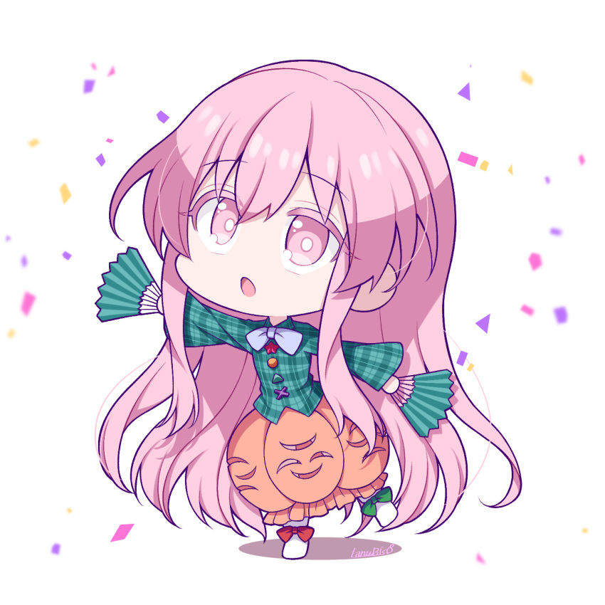 1girl artist_name bangs bow bowtie bright_pupils bubble_skirt chibi circle confetti cross dancing eyebrows_visible_through_hair fan full_body green_bow green_shirt hata_no_kokoro highres holding holding_fan lanubis long_hair long_sleeves looking_at_viewer open_mouth pink_eyes pink_hair pleated_shirt purple_bow purple_neckwear red_bow shirt shoe_bow shoes signature simple_background skirt solo touhou triangle white_background white_footwear