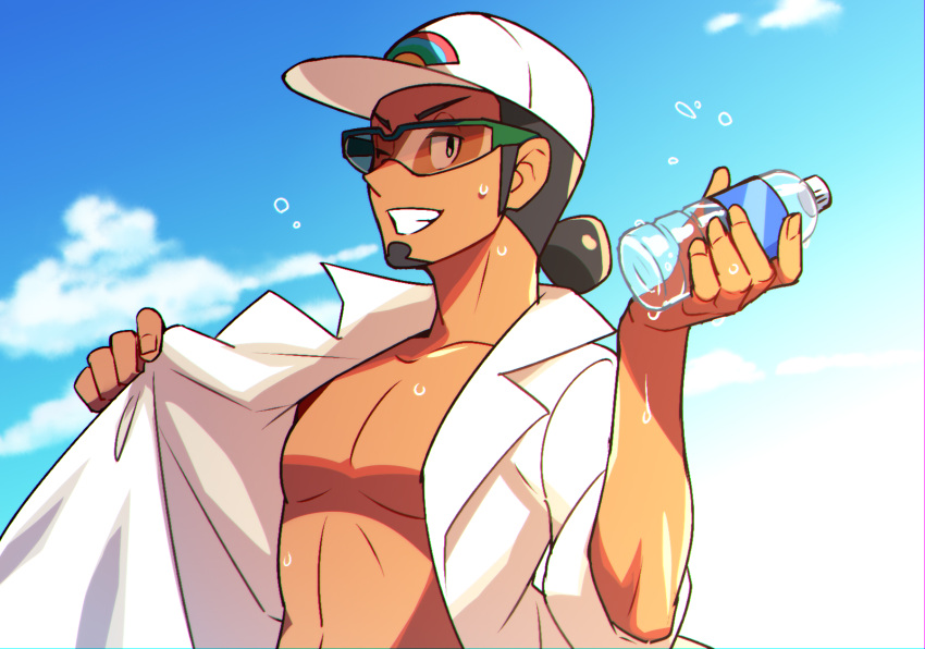1boy baseball_cap bottle clenched_teeth clouds commentary_request day facial_hair fingernails green-framed_eyewear hair_bun hat highres holding holding_bottle holding_coat kukui_(pokemon) labcoat lobolobo2010 male_focus one_eye_closed outdoors pokemon pokemon_(game) pokemon_sm sky sleeves_rolled_up smile solo sunglasses sweat teeth water_bottle white_headwear