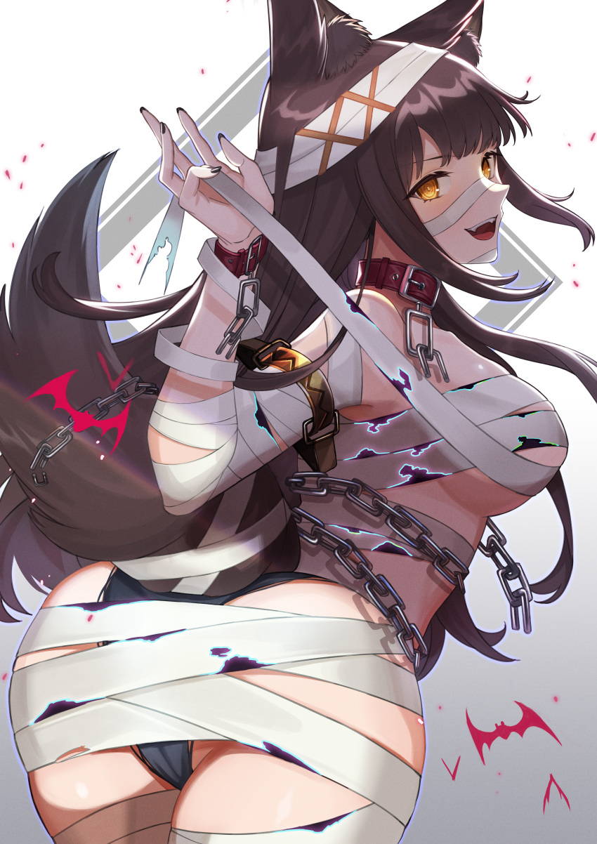 1girl :d absurdres amahara_subaru animal_ear_fluff animal_ears ass bandages bangs blush breasts brown_hair chain eyebrows_visible_through_hair fangs halloween highres huge_filesize leather_collar long_hair looking_at_viewer looking_back open_mouth original smile solo tail wolf_ears wolf_girl wolf_tail yellow_eyes