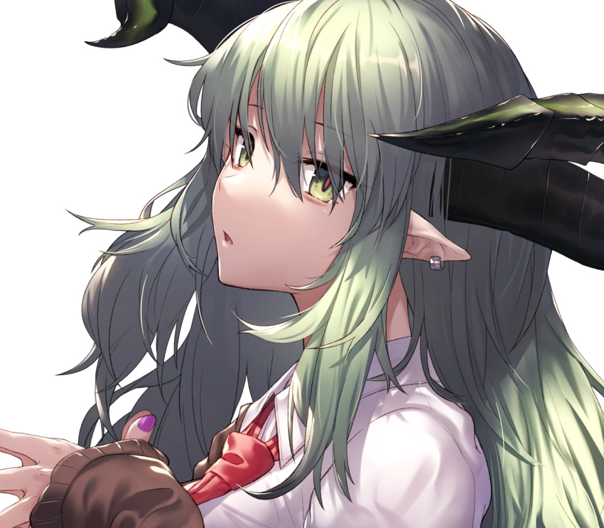 1girl collared_shirt ear_piercing fingernails from_side green_eyes green_hair horns ibuki_notsu long_hair looking_at_viewer nail_polish necktie original parted_lips piercing pointy_ears purple_nails red_neckwear red_pupils shirt simple_background slit_pupils solo upper_body white_background white_shirt wing_collar