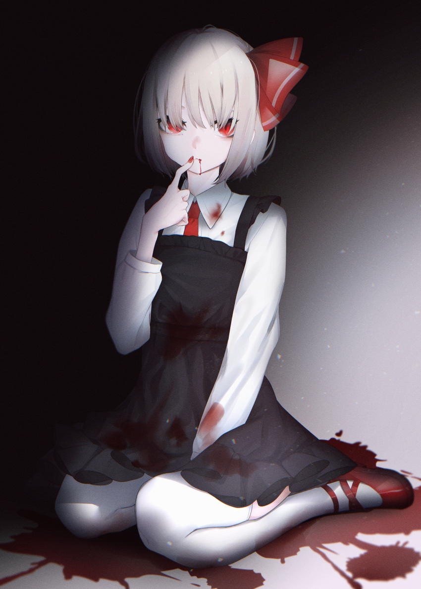 1girl black_dress blonde_hair blood blood_from_mouth blood_splatter bloody_clothes closed_mouth collared_shirt dark dress fingernails hair_ornament hand_up highres long_sleeves looking_at_viewer migihidari_(puwako) nail_polish necktie pale_skin pinafore_dress red_eyes red_footwear red_neckwear rumia shirt shoes short_hair sitting slit_pupils solo thigh-highs touhou vampire wariza white_legwear white_shirt wing_collar