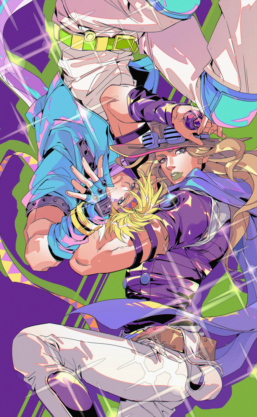 2boys absurdres arm_up armband battle_tendency belt belt_buckle blonde_hair blue_eyes blue_gloves blue_jacket buckle caesar_anthonio_zeppeli closed_mouth diffraction_spikes errslance eyebrows_behind_hair facial_hair facial_mark feather_hair_ornament fingerless_gloves gloves goggles goggles_on_headwear green_lipstick gyro_zeppeli hair_ornament hat headband highres jacket jojo_no_kimyou_na_bouken knee_pads knee_up light_brown_hair light_smile lipstick long_hair looking_at_viewer makeup male_focus multiple_boys parted_lips pink_scarf purple_scarf related scarf shiny shiny_clothes short_hair steel_ball steel_ball_run upside-down violet_eyes