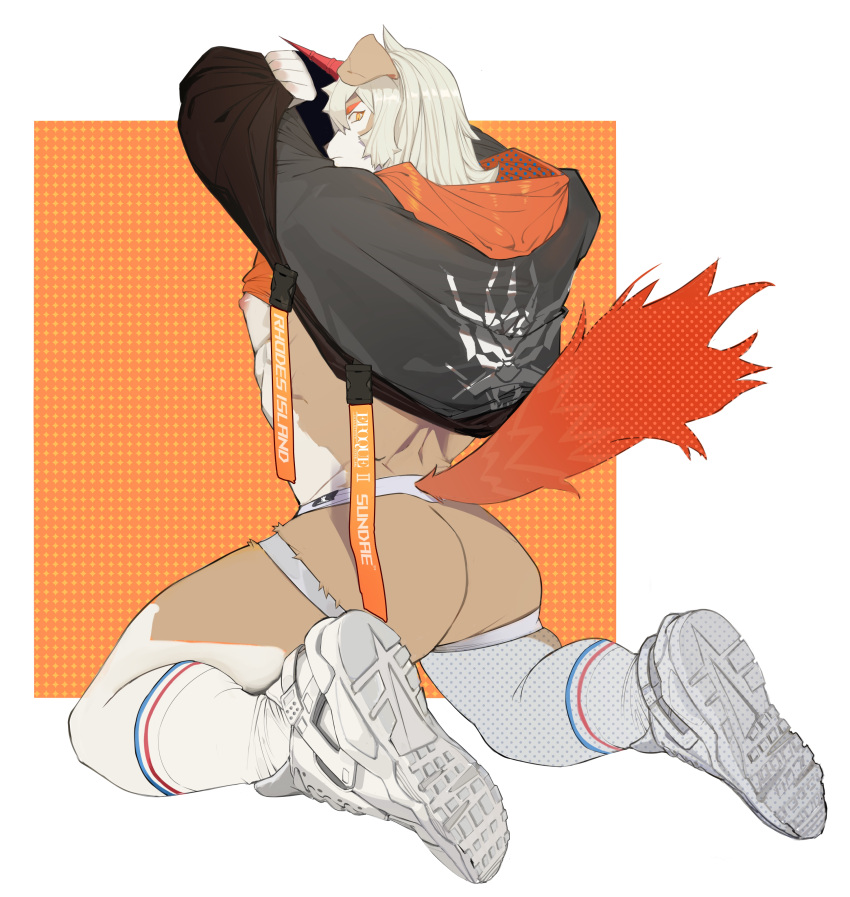 1boy absurdres animal_ears arknights ass ass_focus bara bare_chest beige_fur black_hoodie chest dog_boy dog_ears highres hood hoodie hung_(arknights) jockstrap looking_at_viewer male_focus medium_hair multicolored_hair muscle nipples shoes sneakers solo streaked_hair tail_raised thick_thighs thigh-highs thighs two-tone_fur underwear undressing vv404notfound white_fur