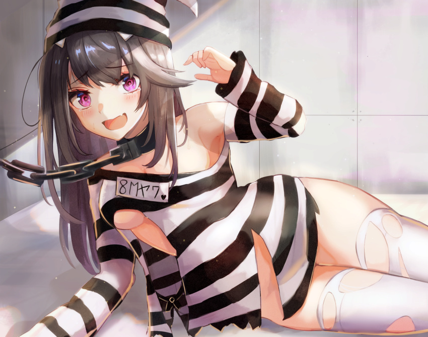 1girl :d arm_up azur_lane bare_shoulders breasts chain collar fang grey_hair hat highres long_hair long_sleeves looking_at_viewer lying medium_breasts no_panties on_side open_mouth pamiat_merkuria_(azur_lane) pamiat_merkuria_(caged_minx)_(azur_lane) panipo prison_clothes reclining shirt smile solo striped striped_headwear striped_shirt thigh-highs torn_clothes torn_legwear torn_shirt violet_eyes white_legwear