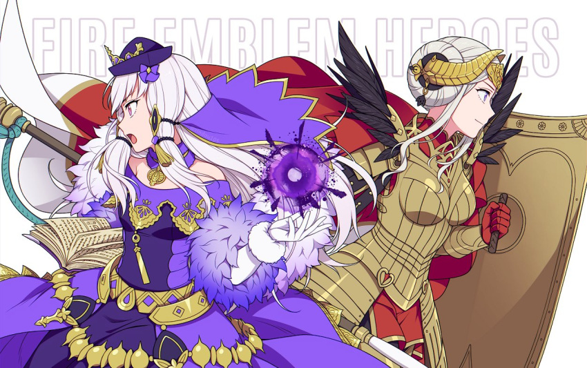 2girls armor book closed_mouth dress edelgard_von_hresvelg fake_horns fire_emblem fire_emblem:_three_houses fire_emblem_heroes gloves hair_ornament hat headpiece hiyori_(rindou66) holding holding_book holding_shield horns long_hair lysithea_von_ordelia multiple_girls open_book open_mouth pink_eyes shield simple_background violet_eyes white_background white_gloves white_hair