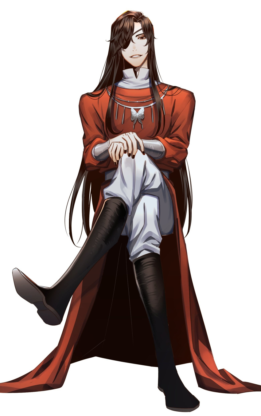 1boy absurdres beaugi black_footwear black_hair black_nails boots crossed_legs eyepatch full_body highres hua_cheng invisible_chair knee_boots looking_at_viewer male_focus pants simple_background sitting smile solo tian_guan_ci_fu white_background white_pants