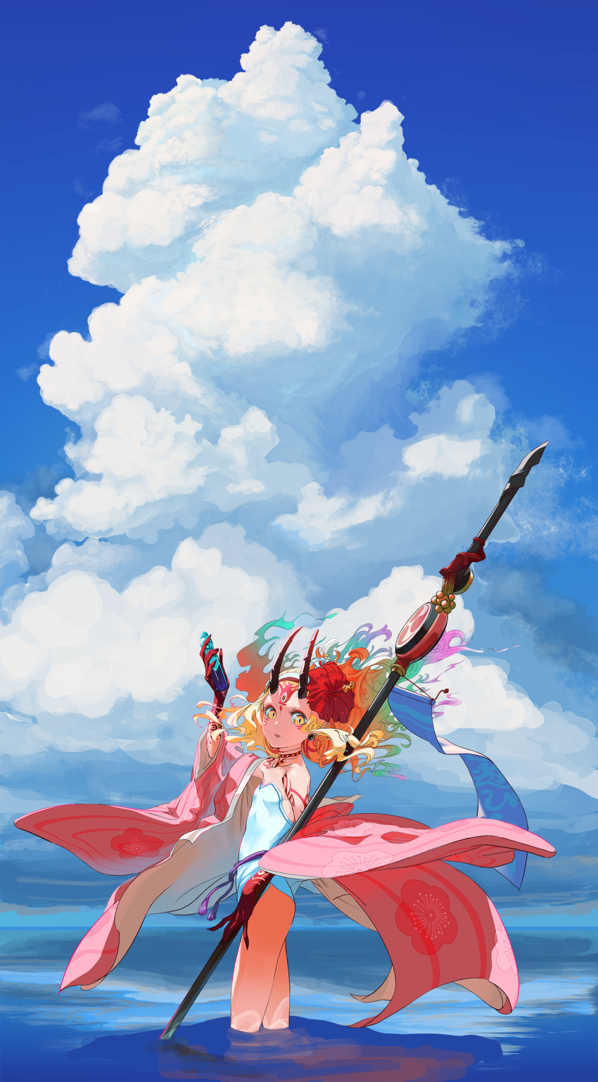 1girl absurdres bare_shoulders blonde_hair clouds earrings facial_mark fate/grand_order fate_(series) fingernails flower forehead_mark hair_flower hair_ornament highres holding holding_staff horns ibaraki_douji_(fate/grand_order) ibaraki_douji_(swimsuit_lancer)_(fate) japanese_clothes jewelry kimono looking_at_viewer multicolored_hair ocean oni oni_horns open_clothes open_kimono open_mouth partially_submerged sharp_fingernails skin-covered_horns sky solo staff strapless strapless_swimsuit swimsuit tattoo uaaaou yellow_eyes