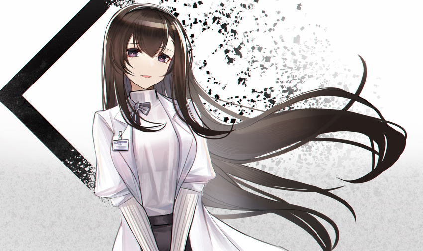 1girl arknights black_hair character_request coat commentary eternity_(shadeh) floating_hair highres id_card long_hair looking_at_viewer open_clothes open_coat originium_arts_(arknights) shirt solo upper_body very_long_hair violet_eyes white_coat white_shirt