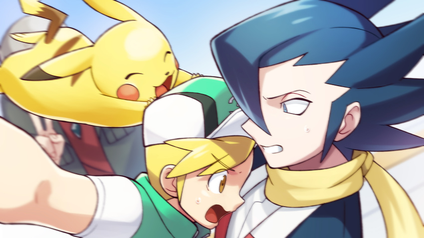 3boys arm_up bangs baseball_cap black_hair black_jacket blonde_hair blue_eyes brown_eyes commentary_request falling fingernails gen_1_pokemon grey_hair grimsley_(pokemon) hair_over_one_eye hat highres jacket jewelry lobolobo2010 male_focus multiple_boys nanu_(pokemon) necklace open_mouth pikachu pokemon pokemon_(creature) pokemon_(game) pokemon_bw pokemon_masters_ex pokemon_sm red_shirt scarf scottie_(pokemon) shirt sweat swept_bangs teeth tongue upper_body v white_shirt yellow_scarf