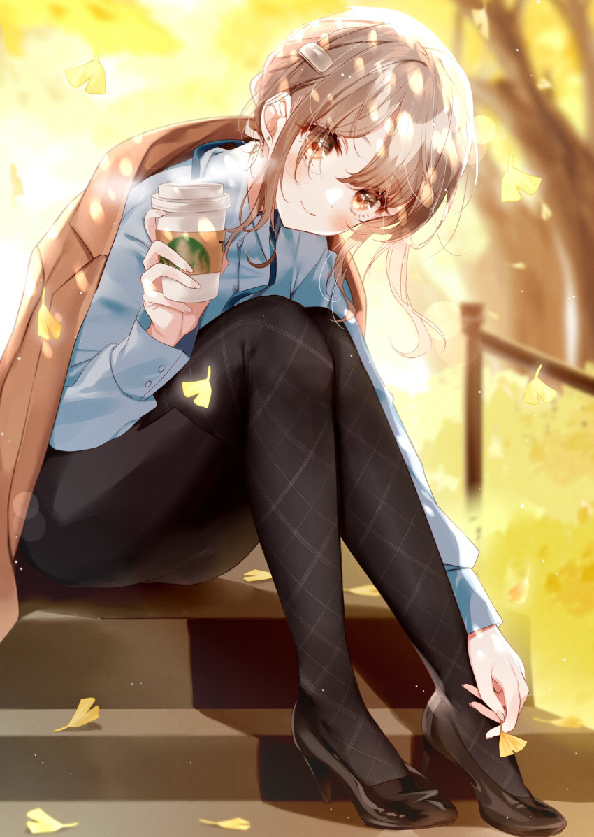 1girl autumn black_legwear blue_shirt brown_eyes coffee coffee_cup commentary cup disposable_cup dress_shirt earrings eyes_visible_through_hair hair_bun head_tilt high_heels highres id_card jacket jacket_on_shoulders jewelry leaf long_sleeves looking_at_viewer misumi_(macaroni) office_lady original outdoors pantyhose shirt sidelocks sitting smile solo tied_hair tights_day