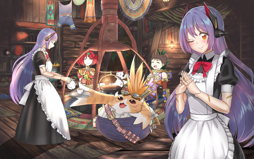 1boy 4girls :d ;) absurdres alternate_costume android apron black_dress clothesline dress enmaided highres ii_tea indoors lantern long_dress long_hair maid maid_apron nopon one_eye_closed open_mouth poppi_(xenoblade) poppi_qtpi_(xenoblade) puffy_short_sleeves puffy_sleeves purple_hair pyra_(xenoblade) rex_(xenoblade) robot_ears short_sleeves smile tea tora_(xenoblade) xenoblade_chronicles_(series) xenoblade_chronicles_2