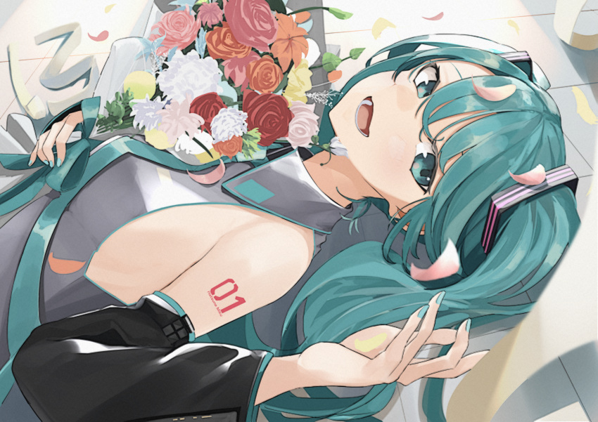 absurdres aqua_eyes aqua_hair aqua_nails aqua_neckwear bare_shoulders black_sleeves bouquet commentary detached_sleeves flower grey_shirt hair_ornament hatsune_miku highres holding holding_bouquet holding_petal huge_filesize leaf long_hair looking_at_viewer lying nail_polish necktie on_back open_mouth orange_flower orange_rose petals pink_flower pink_rose red_flower red_rose rose shirt shoulder_tattoo smile t-one tattoo tile_floor tiles twintails upper_body very_long_hair vocaloid white_flower white_rose yellow_flower yellow_rose