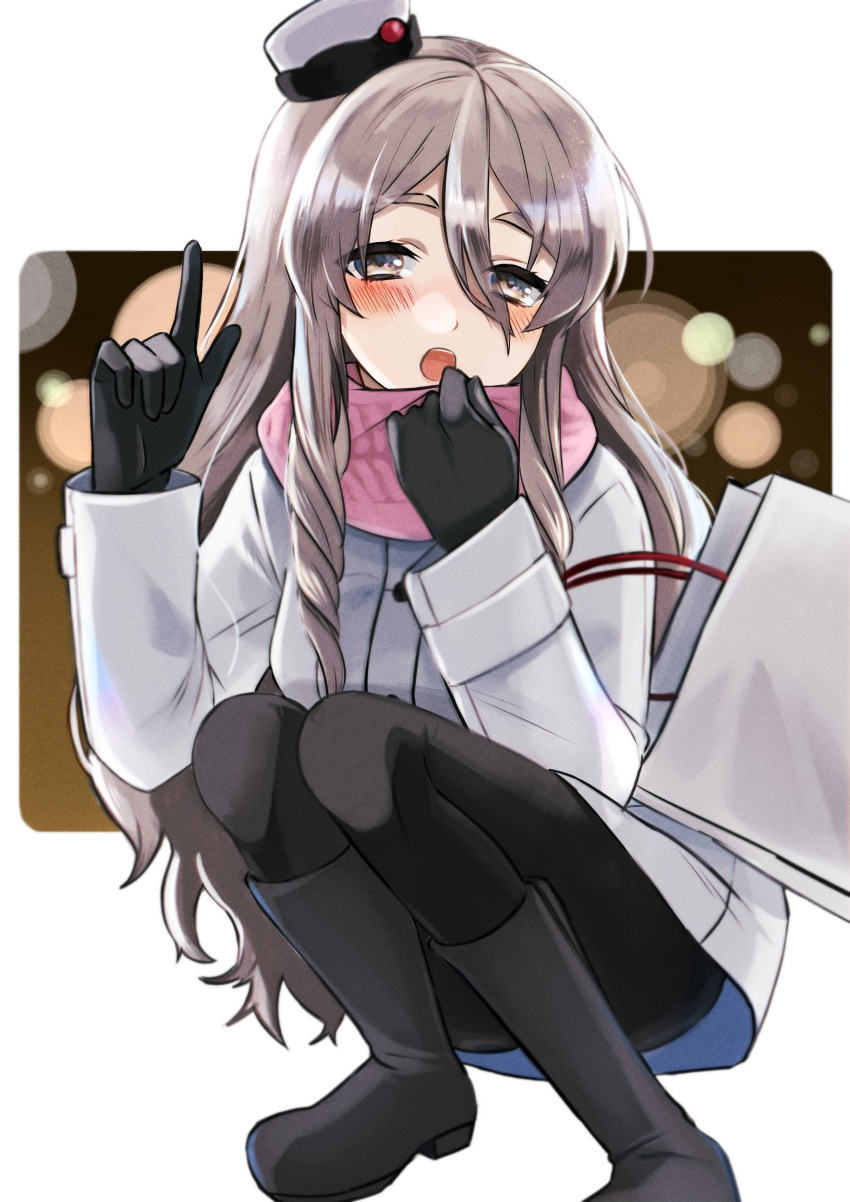 1girl absurdres bag black_gloves black_legwear brown_eyes coat commentary_request drunk gloves grey_hair hat highres index_finger_raised kantai_collection looking_at_viewer mini_hat pantyhose pola_(kantai_collection) shopping_bag solo squatting thick_eyebrows tilted_headwear toriniku_senshi_chikinman wavy_hair white_coat