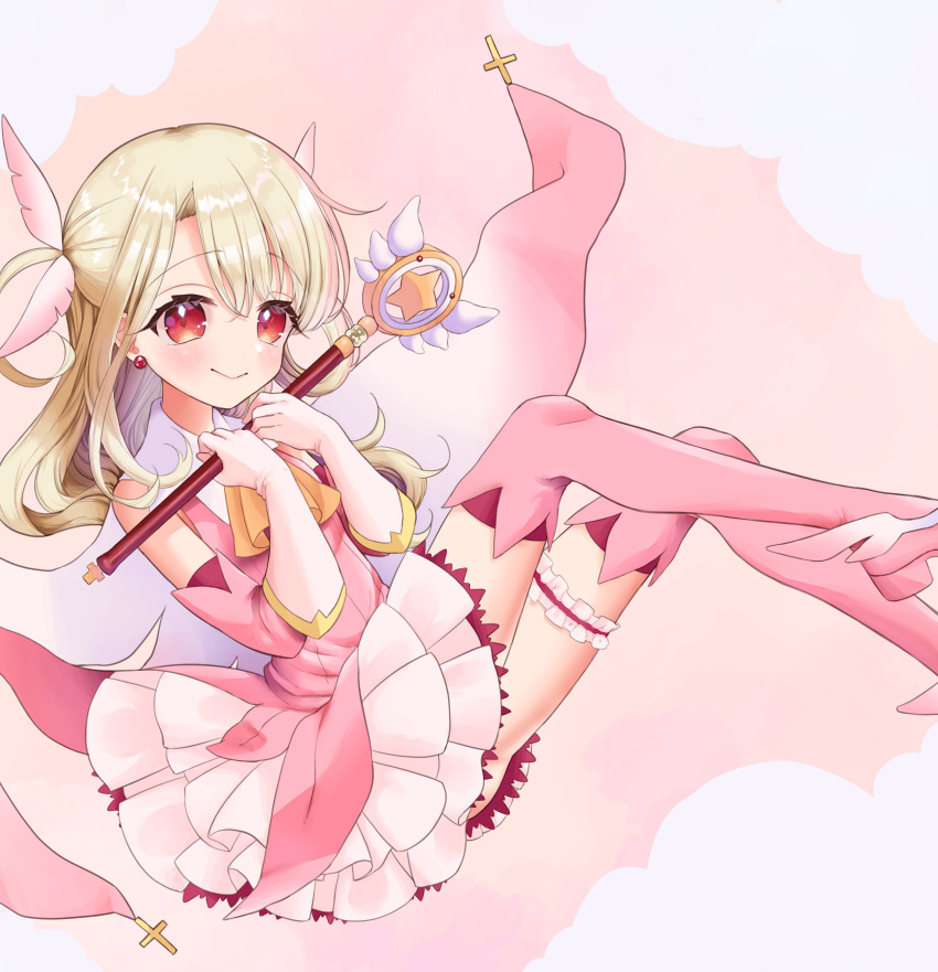 1girl :&gt; absurdres blonde_hair boots cape closed_mouth cross earrings elbow_gloves fate/kaleid_liner_prisma_illya fate_(series) gloves hair_ornament highres holding holding_wand illyasviel_von_einzbern jewelry kashika_(siiika) long_hair looking_at_viewer magical_girl magical_ruby pink_background pink_footwear pink_theme prisma_illya red_eyes skirt smile solo thigh-highs thigh_boots thighlet two_side_up wand white_gloves white_skirt