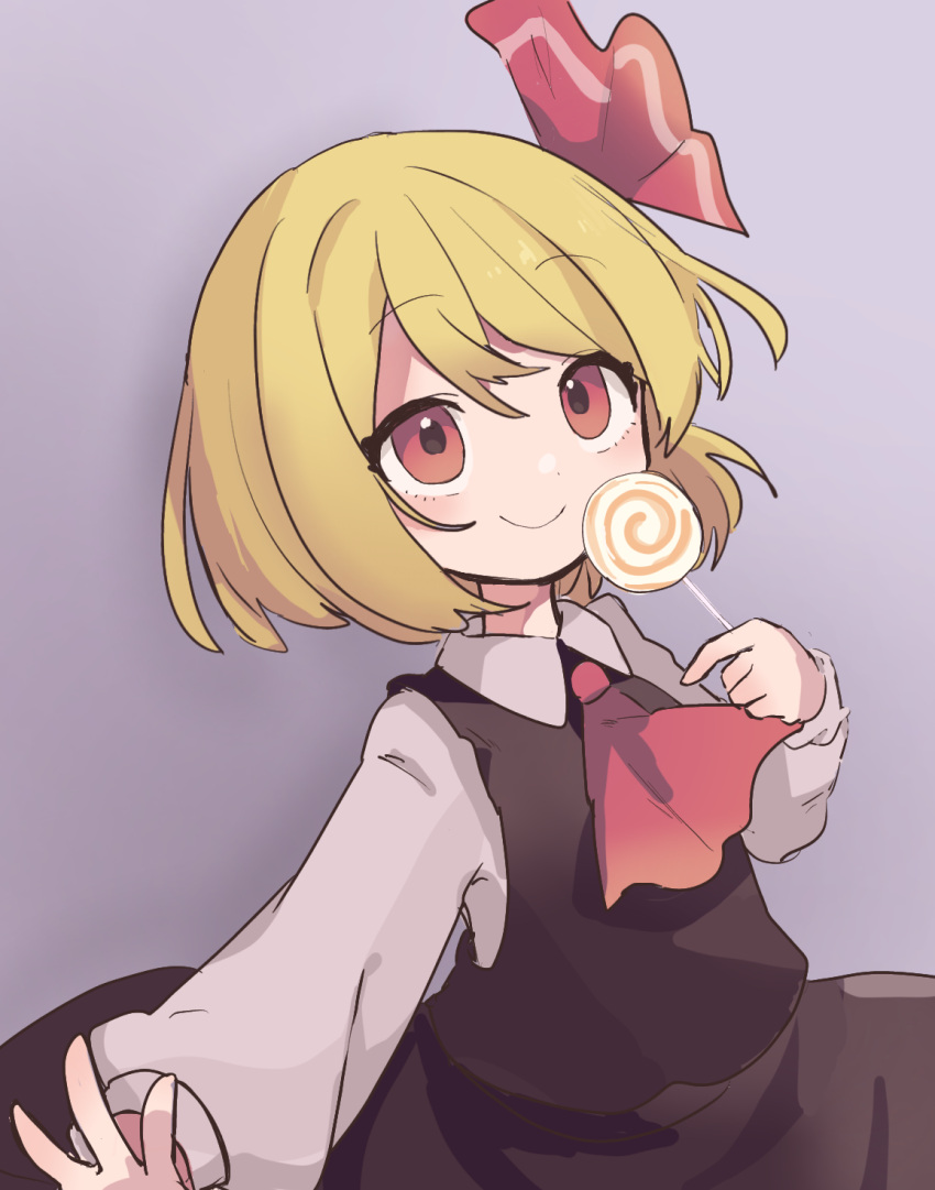 1girl ameshi_(rzuw4482) ascot black_dress blonde_hair candy closed_mouth collared_shirt dress eyebrows_visible_through_hair food grey_background hair_ribbon highres holding holding_candy holding_food holding_lollipop lollipop long_sleeves looking_away red_eyes red_neckwear red_ribbon ribbon rumia shirt short_hair simple_background smile solo touhou upper_body white_shirt