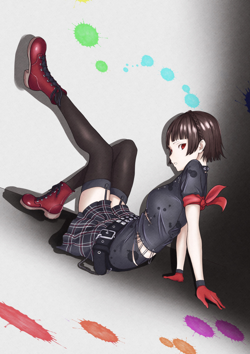 1girl absurdres black_legwear black_shirt black_skirt boots braid brown_hair crown_braid dutch_angle full_body garter_straps gloves highres leaning_back looking_at_viewer miniskirt niijima_makoto parted_lips persona persona_5 persona_5:_dancing_star_night plaid plaid_skirt pleated_skirt print_shirt red_eyes red_footwear red_gloves s-m-53413 shiny shiny_hair shirt short_hair short_sleeves sitting skirt solo thigh-highs
